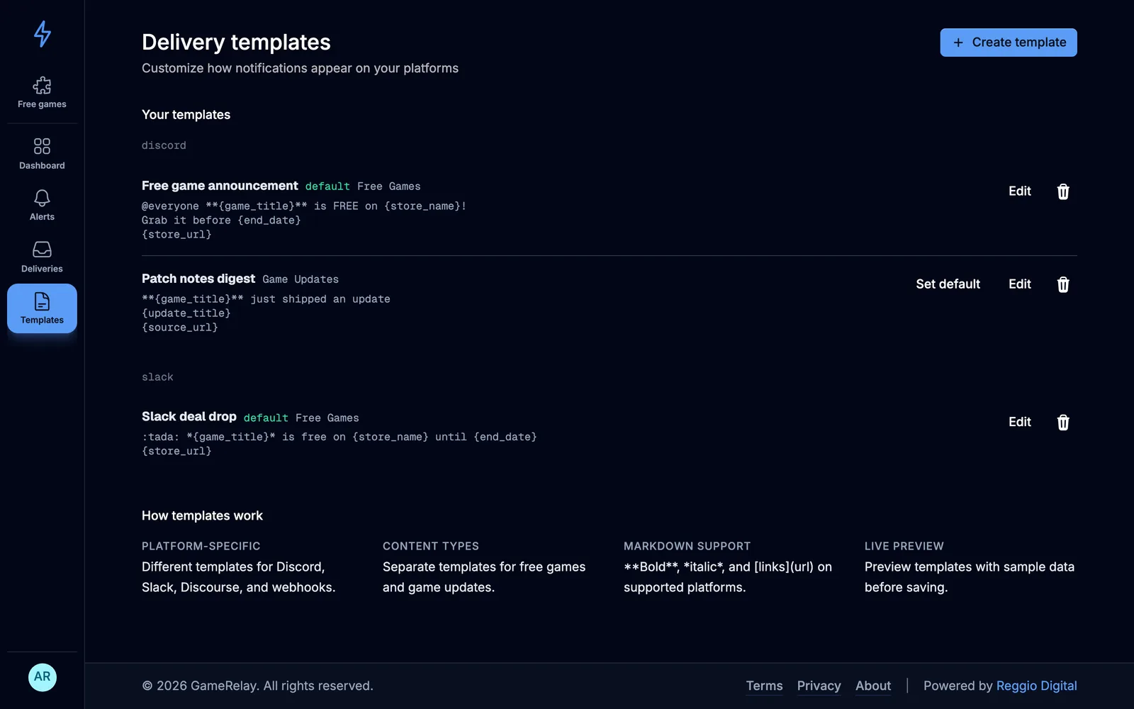 GameRelay delivery template editor with variables