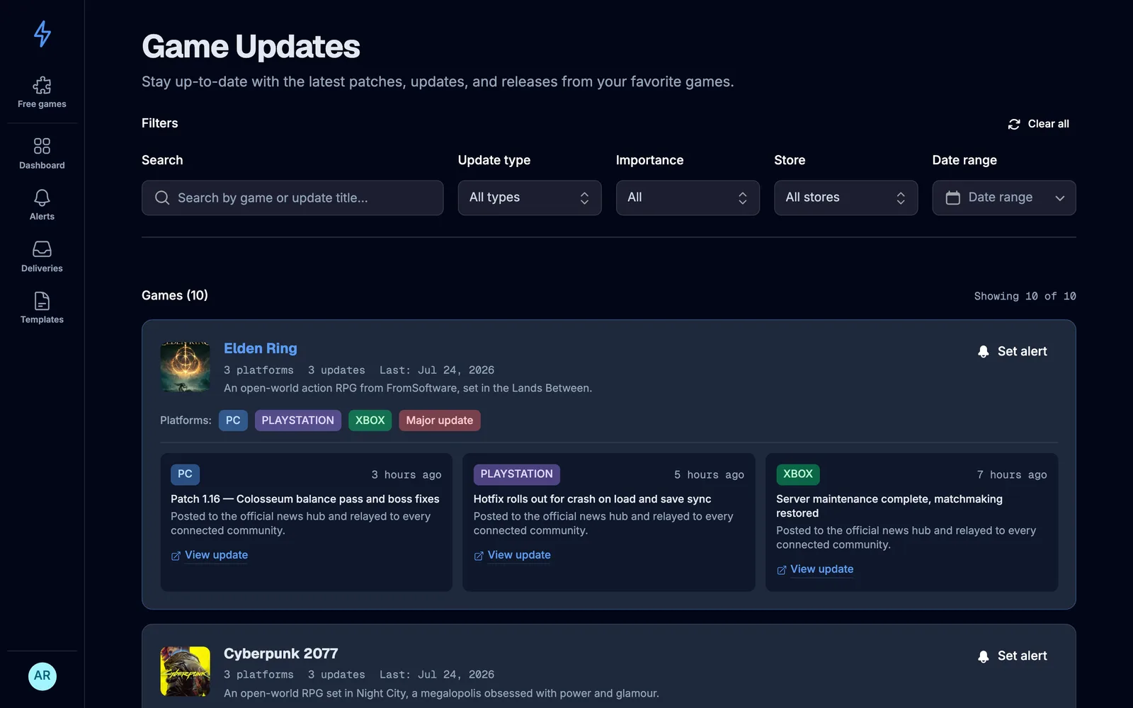 GameRelay game updates timeline with patch notes