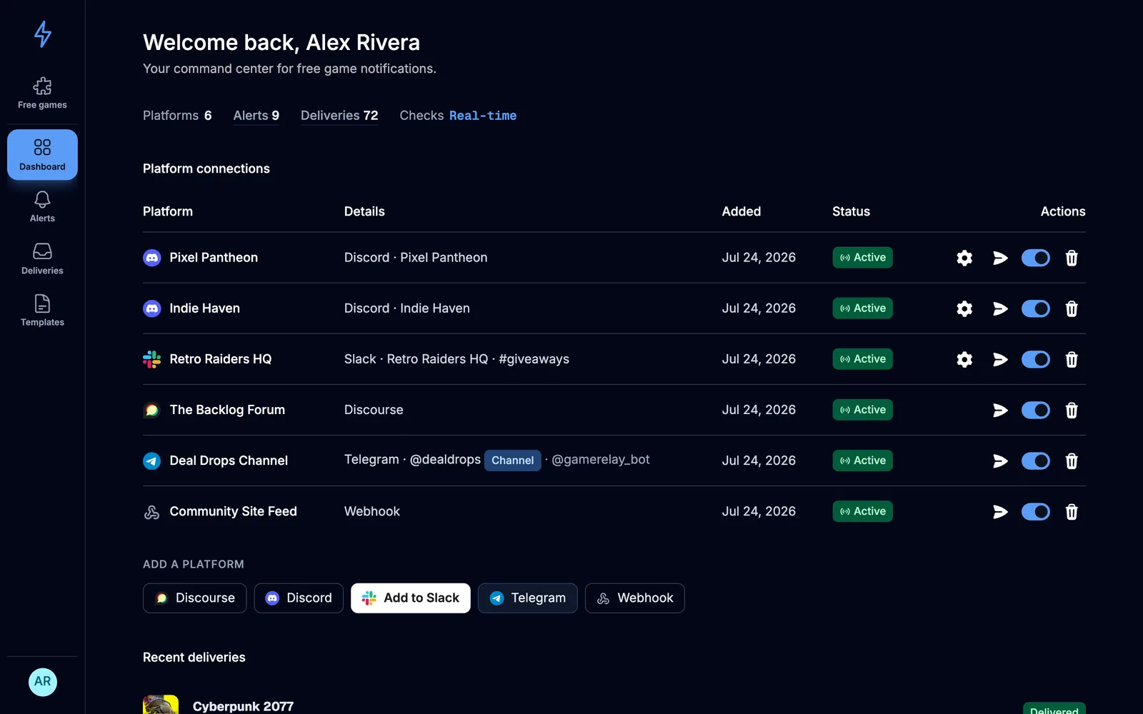GameRelay dashboard showing connected Discord, Slack, and webhook platforms