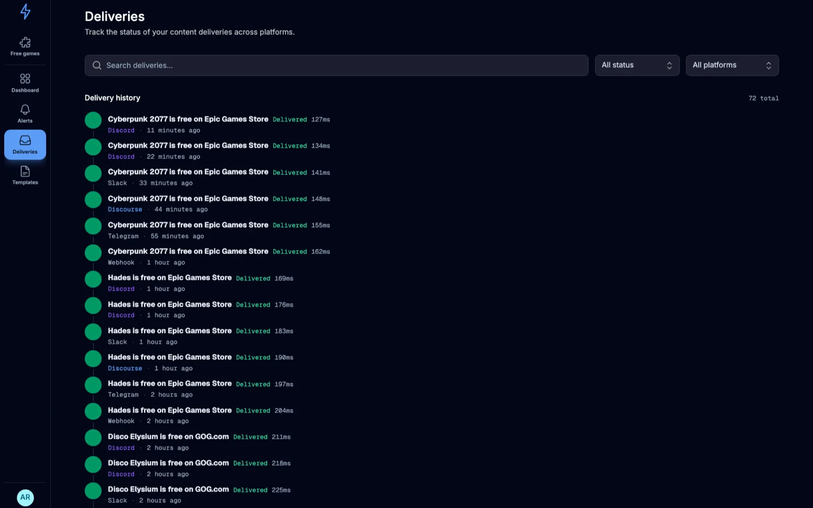 GameRelay delivery history showing one free game posted to Discord, Slack, Discourse, Telegram, and a webhook within minutes