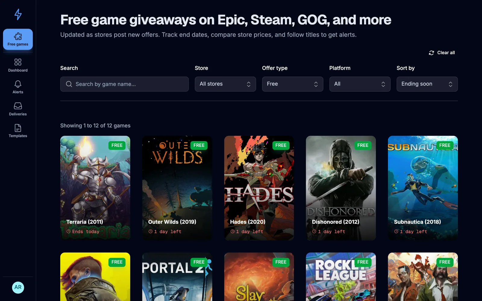 GameRelay free games listing with covers, stores, and countdowns