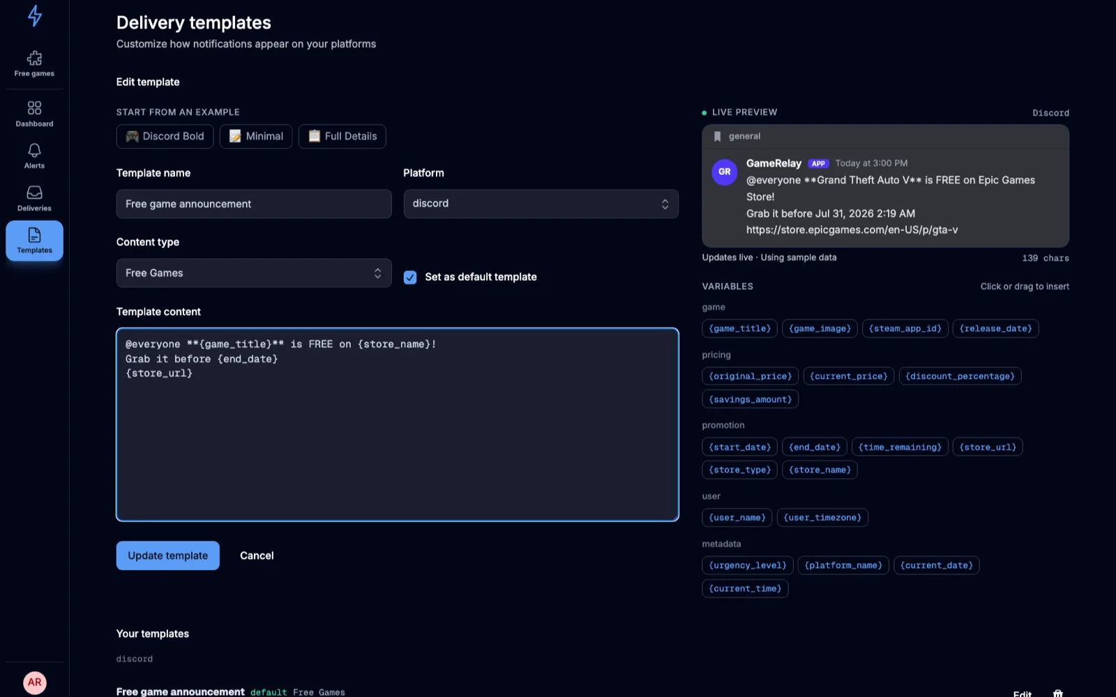 GameRelay template editor with a live Discord preview and the full list of insertable variables
